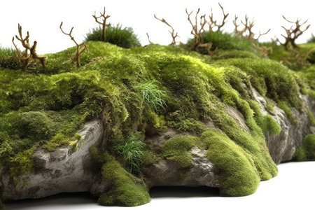 Green moss on a rock isolated on white background. 3d illustrationの素材
