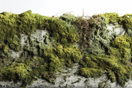 Green moss on the wall. Isolated on a white background.の素材