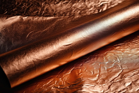 Close-up of rolled gold wrapping paper on a golden background.の素材