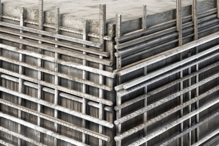 Stack of steel bars on construction site. Industrial background. 3d renderingの素材