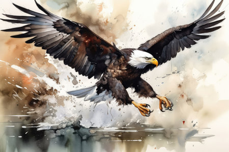 Digital painting of an American Bald Eagle flying over a frozen lake.の素材