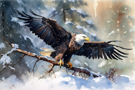 Bald Eagle in winter landscape. Watercolor painting. Digital illustration.の素材