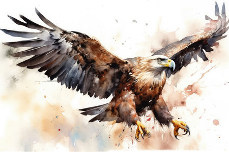 Watercolor painting of a bald eagle flying in front of a watercolor backgroundの素材