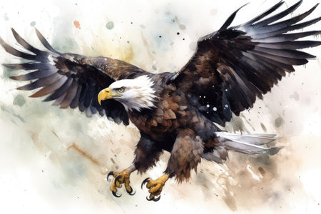 Watercolor painting of a bald eagle flying in the air. Digital painting.の素材