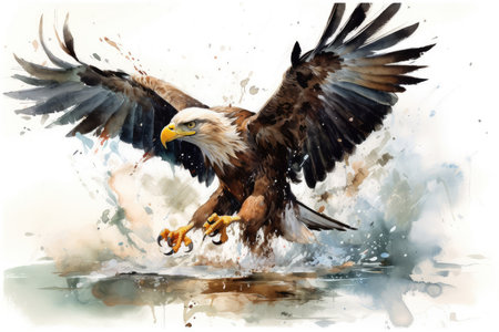 Watercolor painting of a Eagle Bald (Haliaeetus leucocephalus) flying over water.の素材