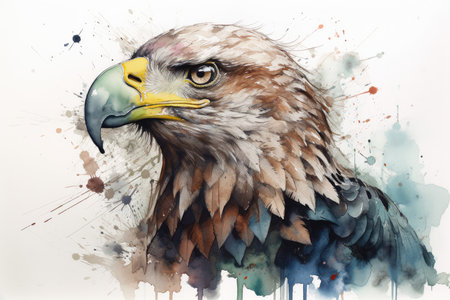 Digital painting of a Bald Eagle head in watercolor splashes.の素材