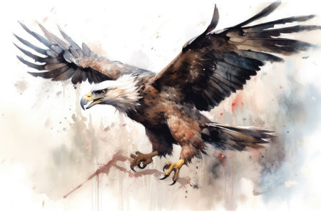 Watercolor painting of a bald eagle in flight with wings spread.の素材