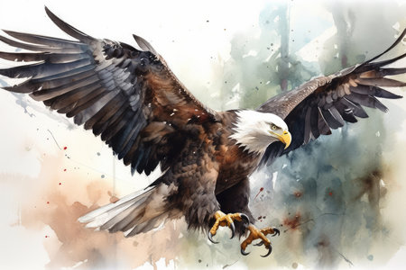 Digital painting of an american bald eagle with wings spread in flightの素材