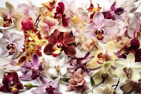 Orchid flowers on white background. Top view. Flat lay.の素材
