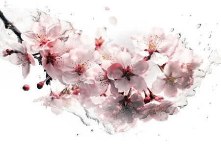 cherry blossom in water splashes isolated on white background.の素材