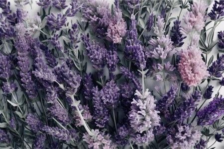 Lavender flowers on white background. Flat lay, top view.の素材