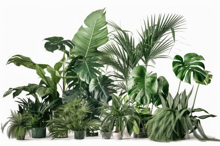 Collection of green tropical plants isolated on white background. Flat lay, top view.の素材