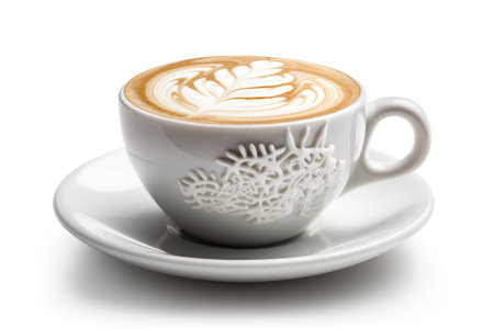 Cup of cappuccino with latte art on white backgroundの素材