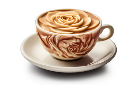 Cup of coffee with rose on a white background. Isolatedの素材