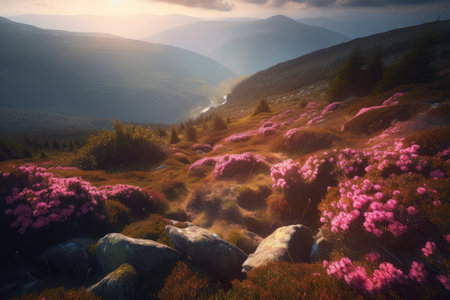 Beautiful pink rhododendron flowers in the mountains at sunsetの素材