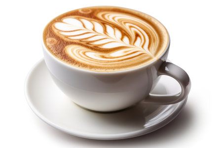 Cup of cappuccino with latte art on white backgroundの素材