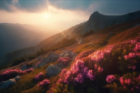 Magic pink rhododendron flowers in the mountains at sunsetの素材