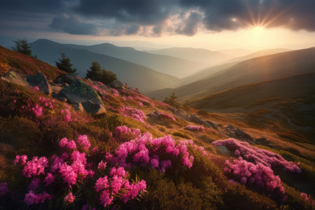 Magic pink rhododendron flowers in the Carpathian mountainsの素材