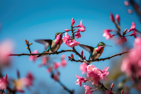 White-throated Bee-eater (Calypte colubris) feeding on pink sakura blossomの素材