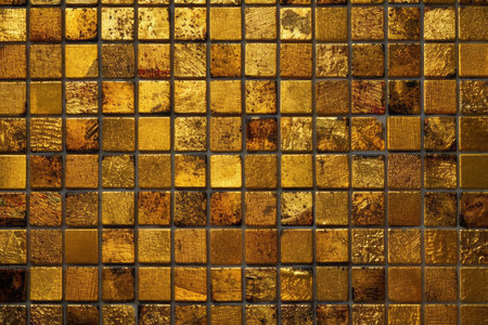 golden mosaic tiles wall texture background, square mosaic tile pattern.の素材