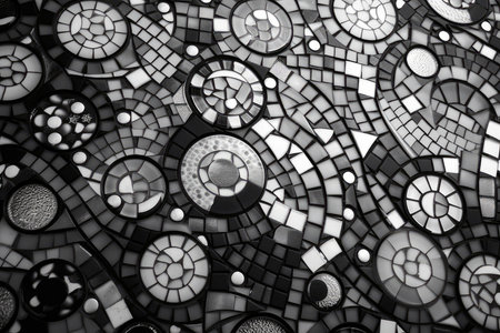 abstract background of black and white glass mosaic with a circular patternの素材