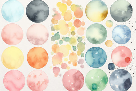 Watercolor circles background. Hand painted watercolor circles. Watercolor stains.の素材