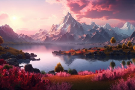 Fantasy landscape with mountains, lake and forest. Digital painting.の素材