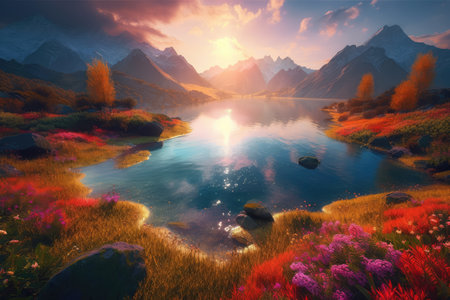 Mountain lake at sunset with colorful flowers in the foreground. Digital painting.の素材
