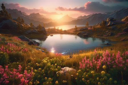 Mountain landscape with lake and pink flowers. Sunset in the mountains.の素材