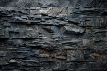 Black stone wall texture background. Natural stone wall pattern for interior or exterior design.の素材