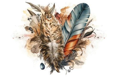 Watercolor feathers and owl. Hand drawn illustration isolated on white backgroundの素材