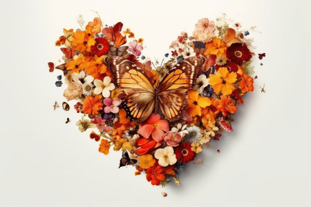 Heart made of flowers and butterfly. Isolated on white background.の素材