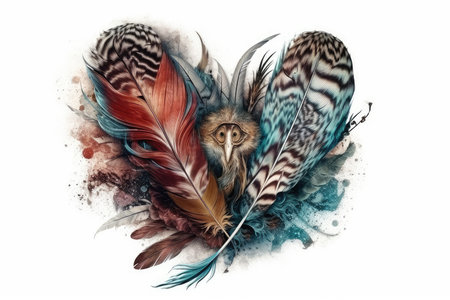 Owl with colorful feathers isolated on white background. Watercolor illustration.の素材