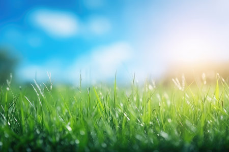 Fresh green grass and blue sky with sun light. Nature background.の素材