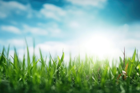 Green grass with blue sky and sun. Nature background. Copy space.の素材