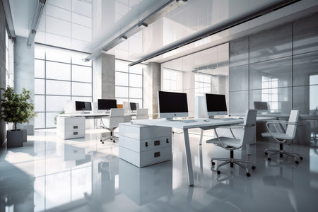 Modern office interior with white walls, concrete floor and rows of white computer tables. 3d rendering mock up toned imageの素材