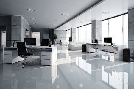 Interior of modern office with white and gray walls, tiled floor, rows of computer tables and glass doors. 3d renderingの素材