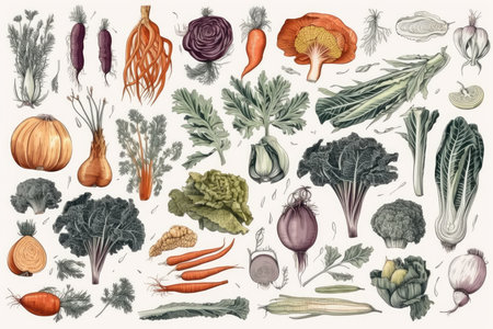 Vegetables and fruits. Collection of hand drawn vector illustrations.の素材