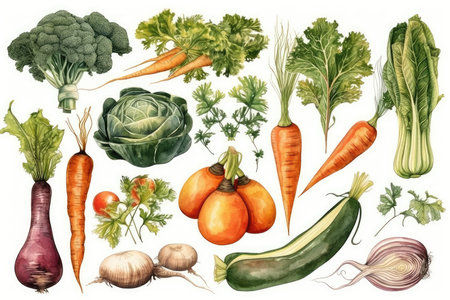 Vegetables set with carrot, onion, beetroot, cucumber, radish, cabbage, parsley, celery, zucchini, carrot, onion, eggplant, parsley, parsley, onion, garlicの素材