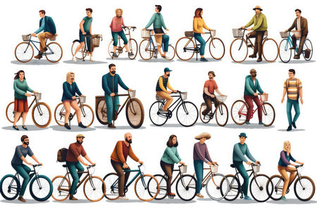 Set of people with bicycles. Men and women on bicycles. Vector illustrationの素材
