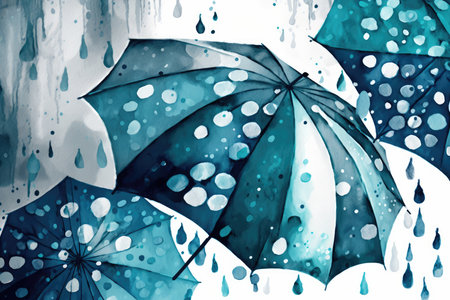 Watercolor umbrella with raindrops on white background. Watercolor illustrationの素材