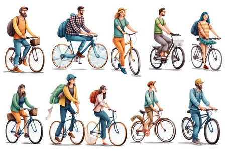 Hipster people riding bicycle isolated on white background. Set of male and female characters in different poses and situations.の素材