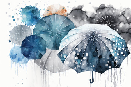 Watercolor umbrellas with splashes and drops on a white backgroundの素材