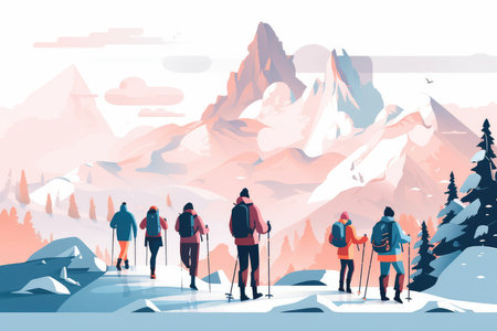 People hiking in mountains. Group of hikers with trekking poles and backpacks walking on snowy trail. Vector illustrationの素材