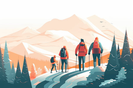 Vector illustration of a group of people hiking in the mountains. Outdoor activities.の素材