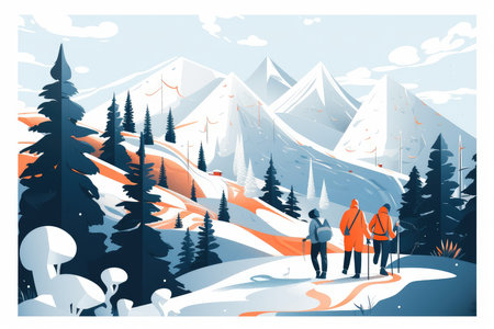 Winter hiking in the mountains. Vector illustration in flat design style.の素材