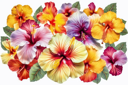 Colorful Hibiscus flowers isolated on white background. Top view.の素材