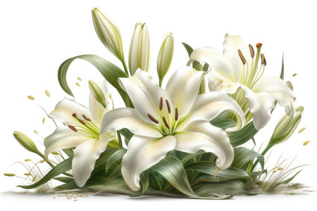 White lily flower bouquet isolated on white background. Vector illustration.の素材
