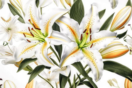 White lilies on a white background. 3d illustration. Nature.の素材