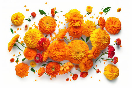 Top view of marigold flowers and petals on white backgroundの素材